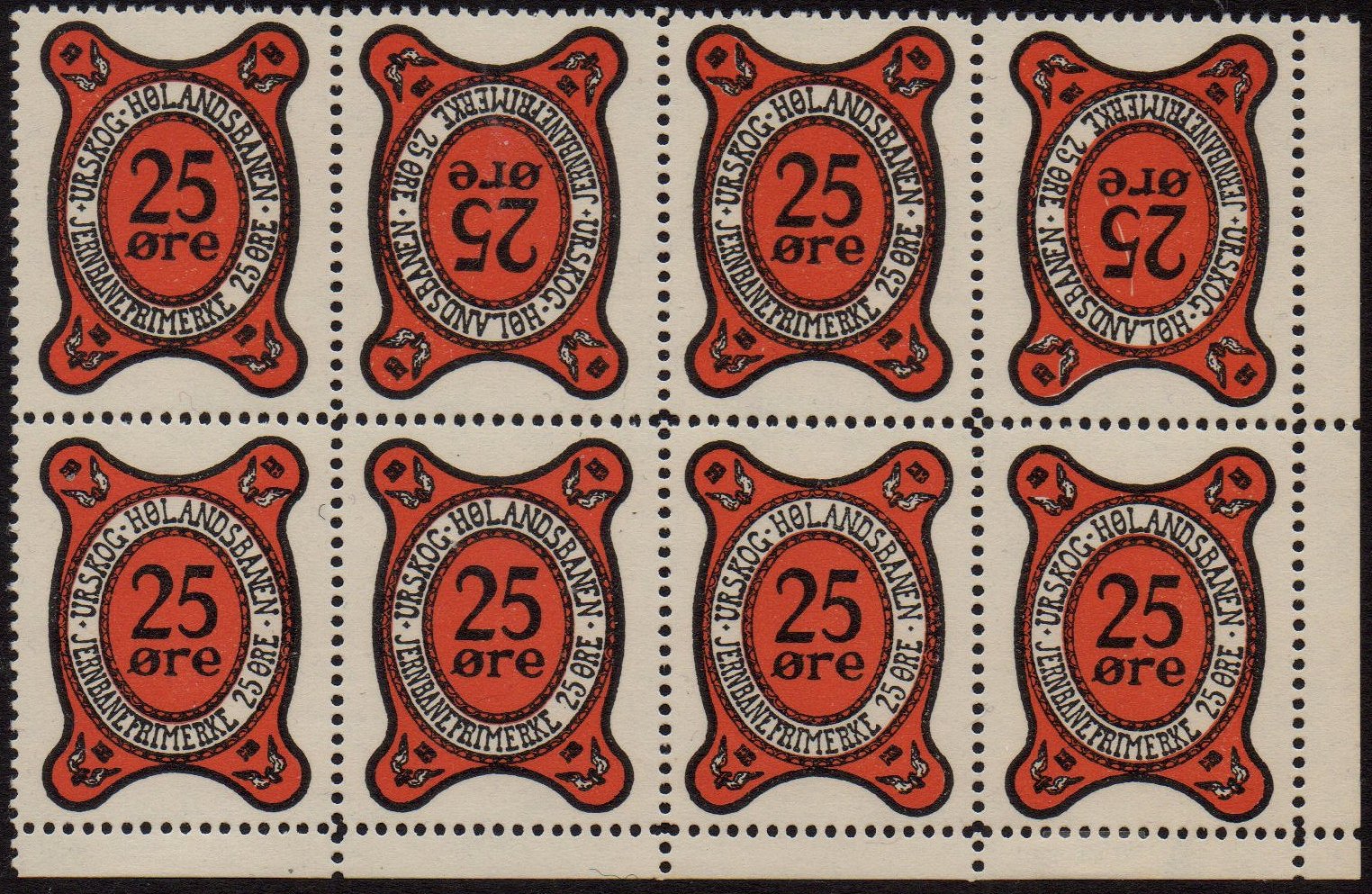 Frimerker stamps Norway Urskog-Hølandsbanen  Jernbane Railway Parcel Stamps tete-beche pairs in block/8